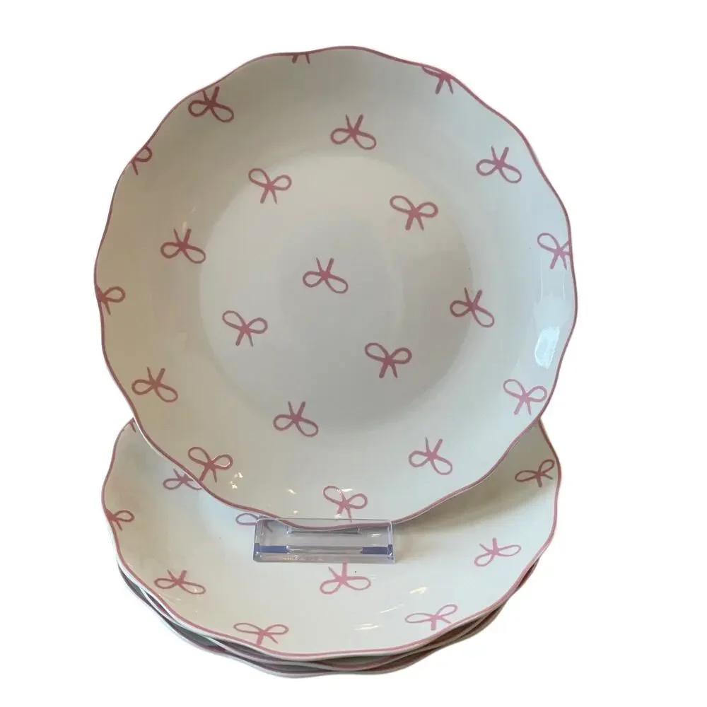 GODINGER Pink Bow 8in Salad Plates Set of 4 NEW